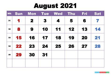 Printable Calendar Aug 2021